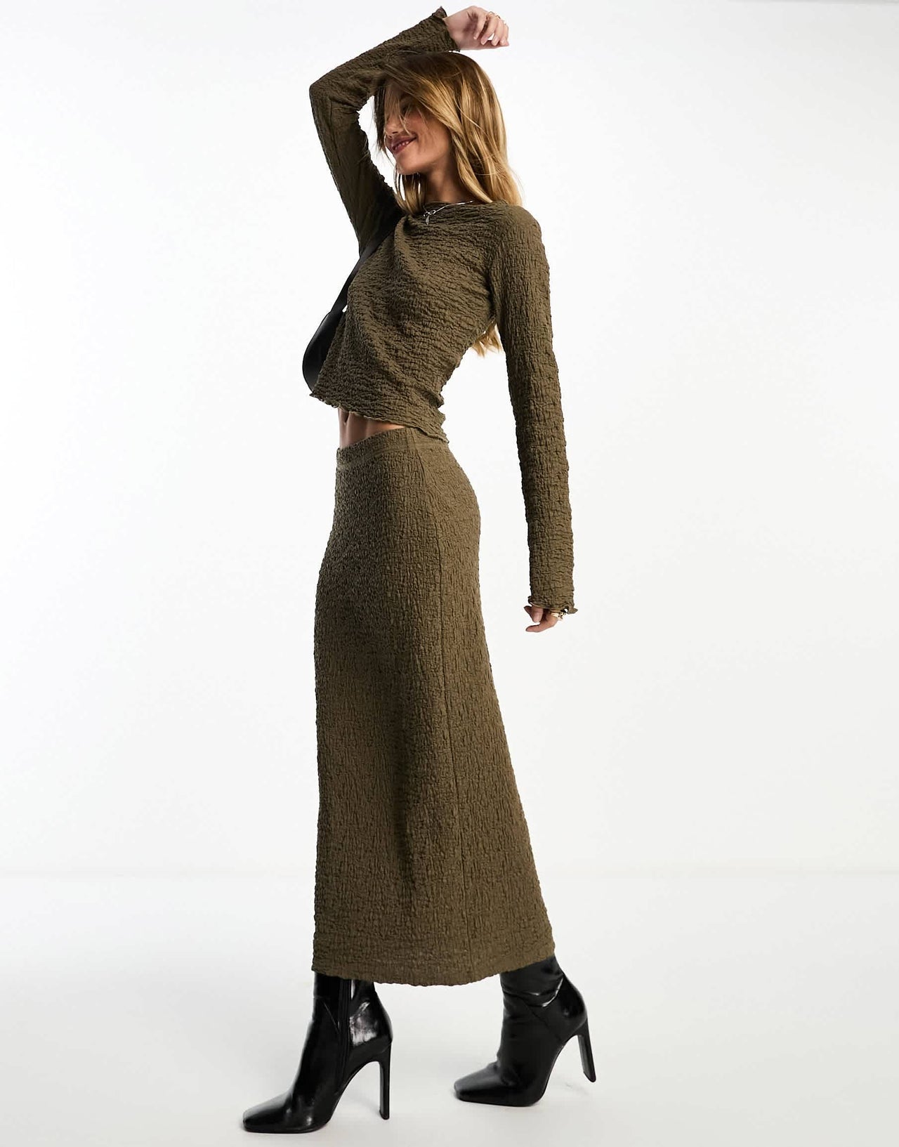 Brave Soul knit textured midi skirt co ord in brown