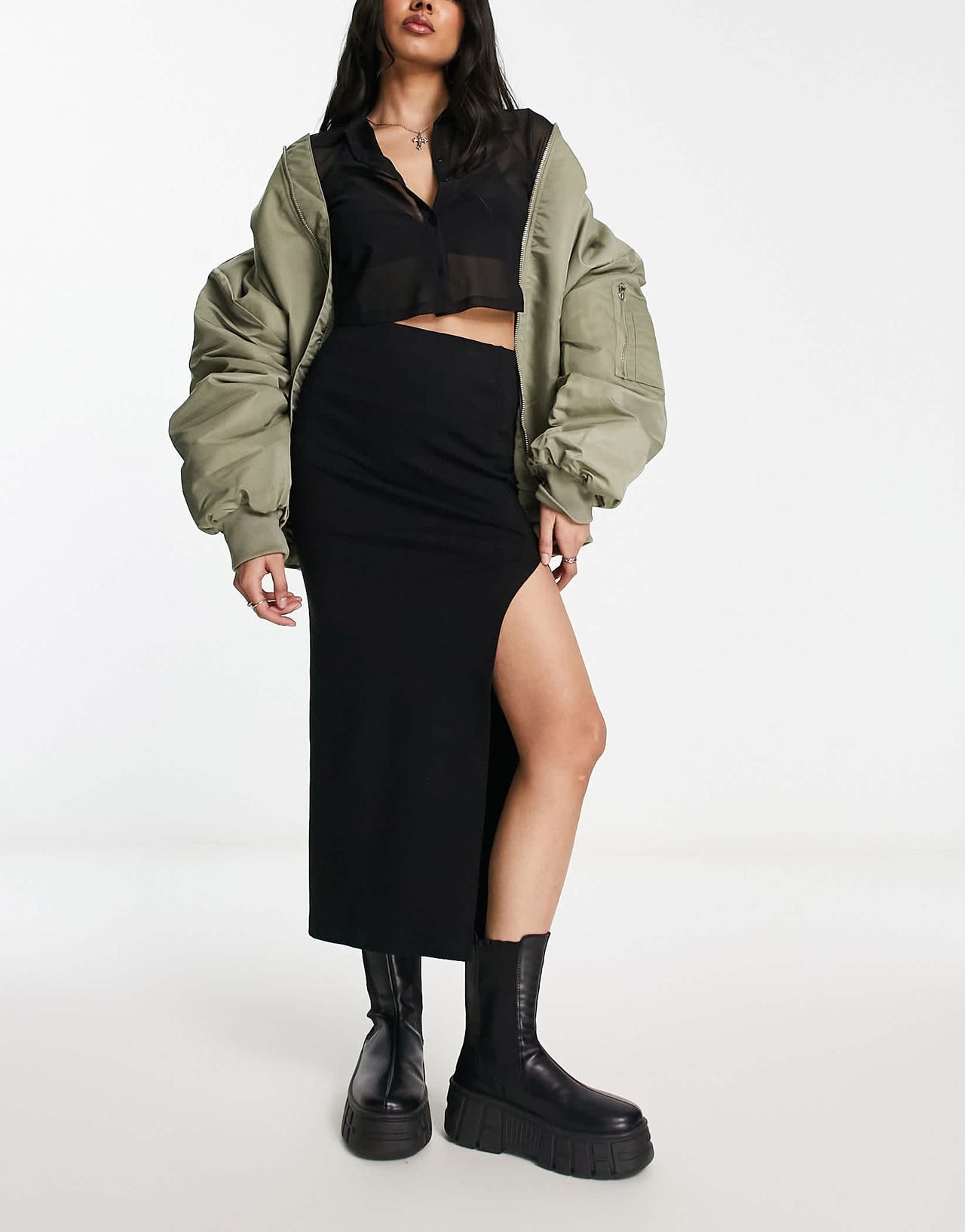 Bershka midi skirt with front slit in black