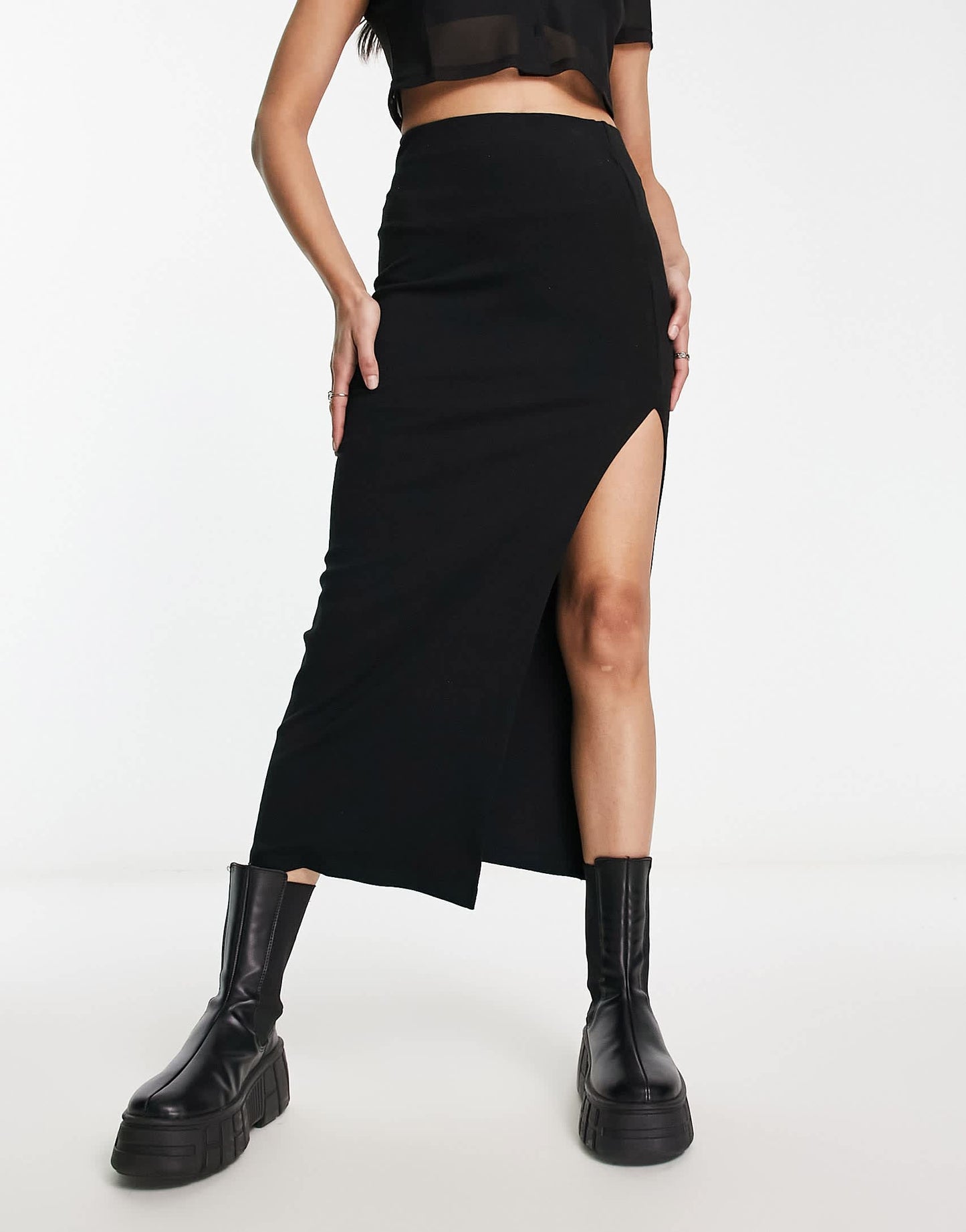 Bershka midi skirt with front slit in black