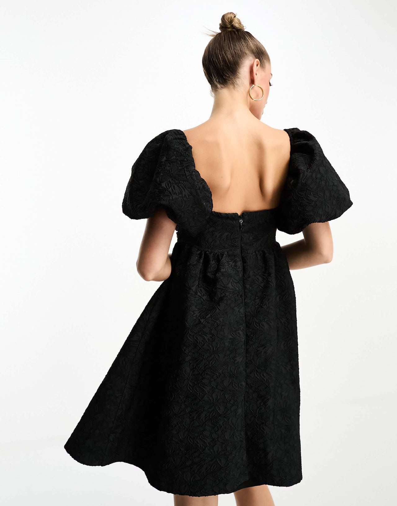 Forever Unique jacquard mini dress with embellished brooch in black