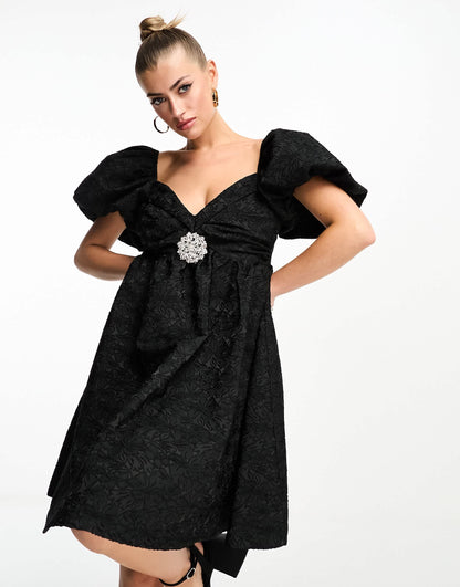 Forever Unique jacquard mini dress with embellished brooch in black