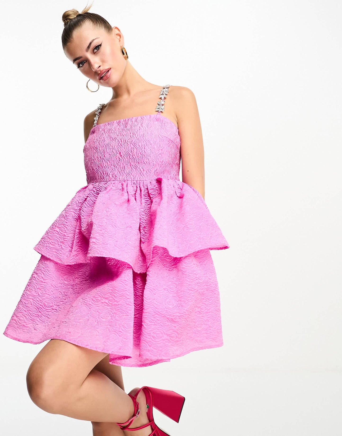 Forever Unique diamante strap tiered jacquard mini dress in pink