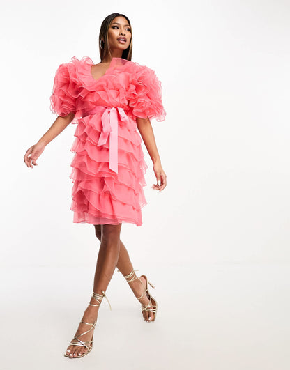 Forever Unique oversized ruffle tie waist mini dress in coral