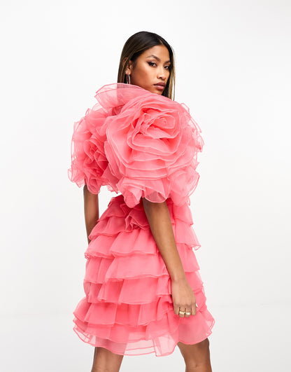 Forever Unique oversized ruffle tie waist mini dress in coral