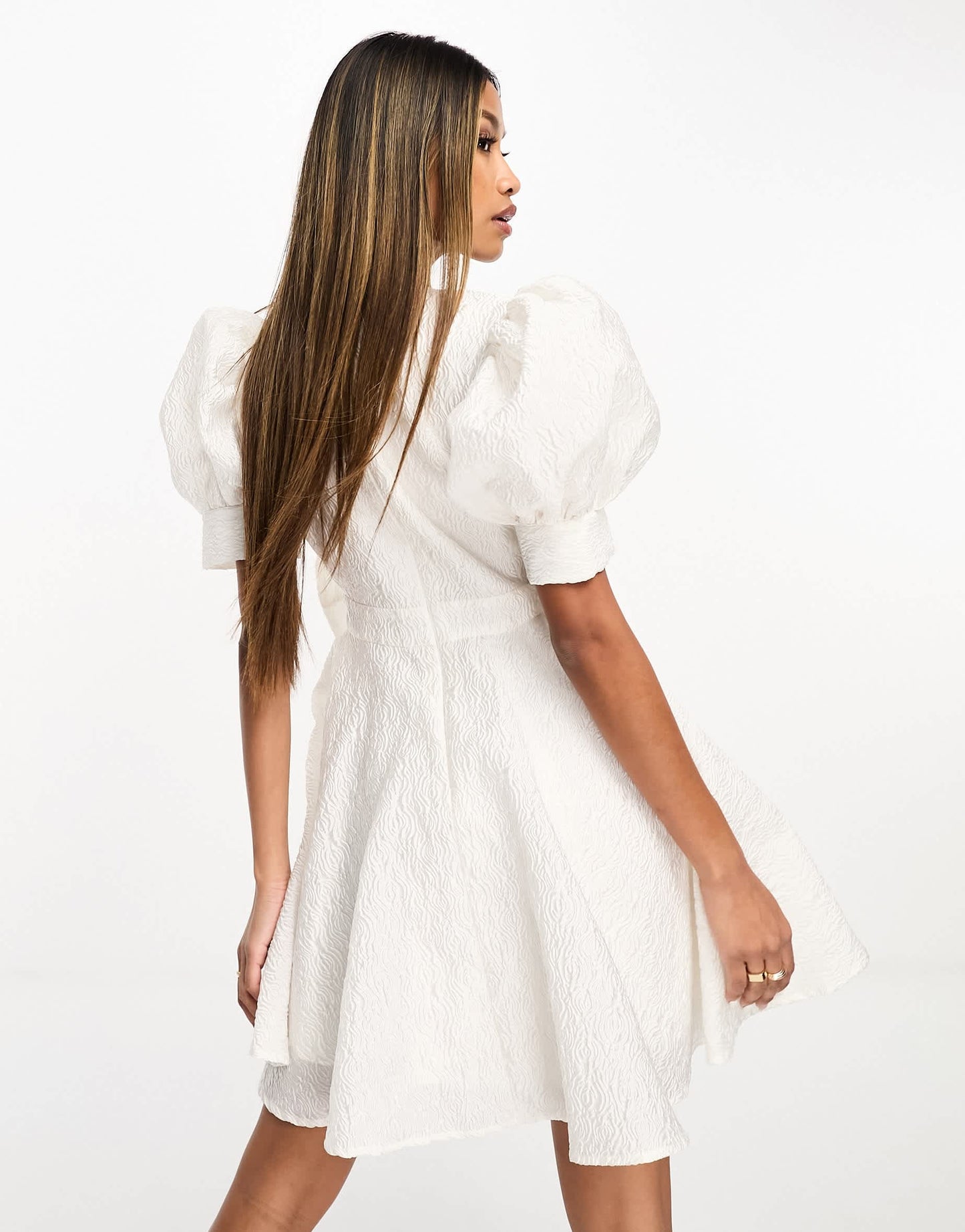 Forever Unique puff sleeve mini jacquard dress in ivory