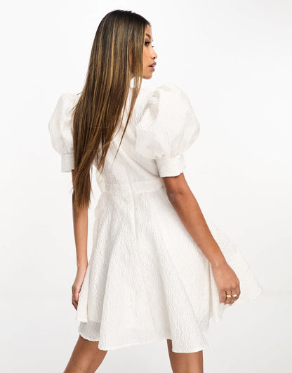 Forever Unique puff sleeve mini jacquard dress in ivory