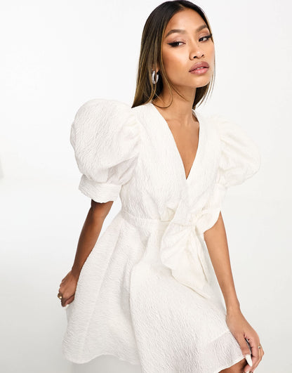Forever Unique puff sleeve mini jacquard dress in ivory
