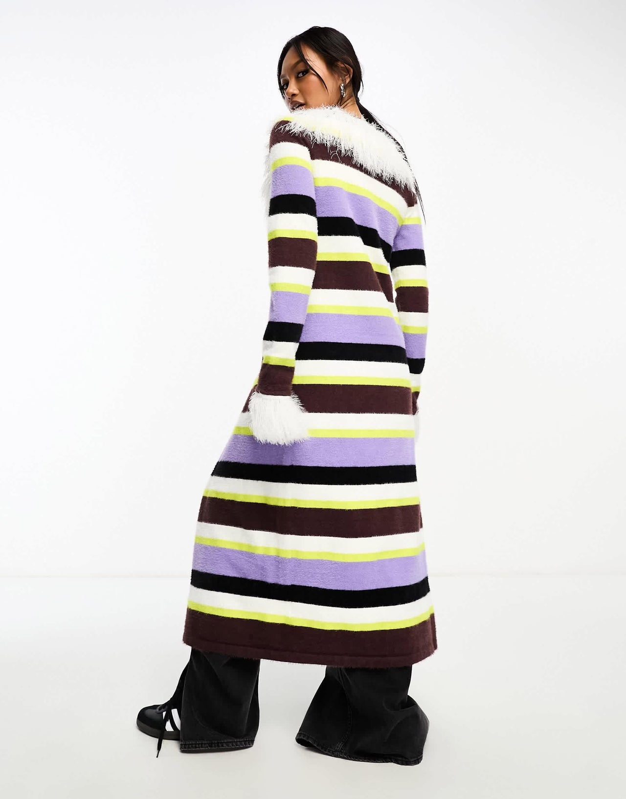 Annorlunda faux fur edged stripe longline cardigan in multi