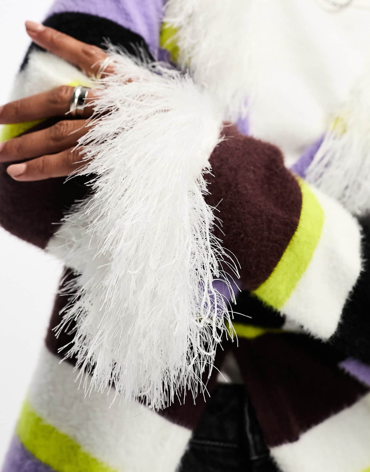 Annorlunda faux fur edged stripe longline cardigan in multi