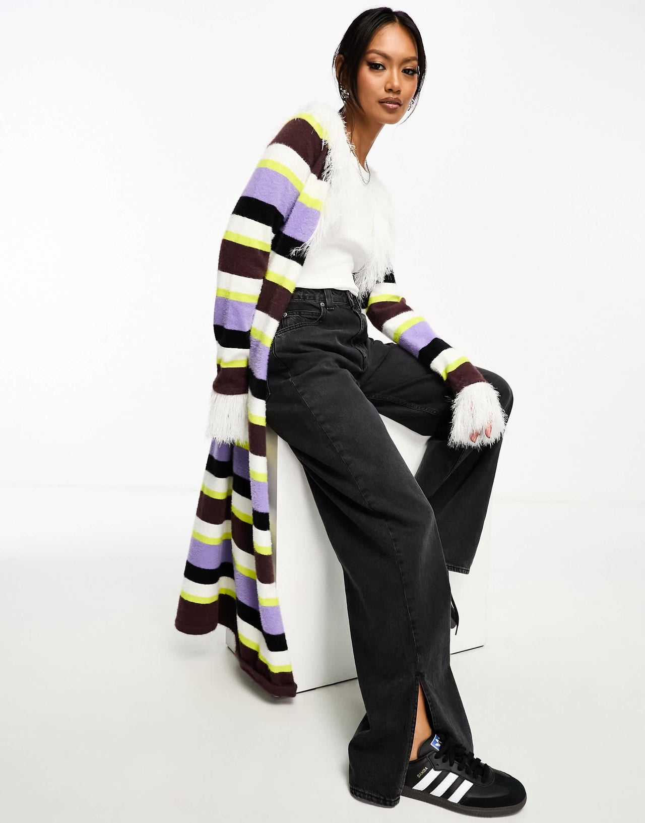 Annorlunda faux fur edged stripe longline cardigan in multi