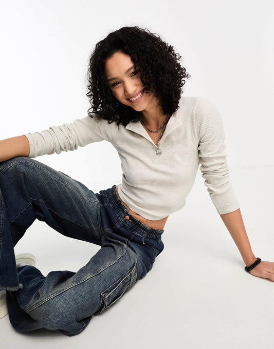 COLLUSION button rib long sleeve top in oatmeal marl