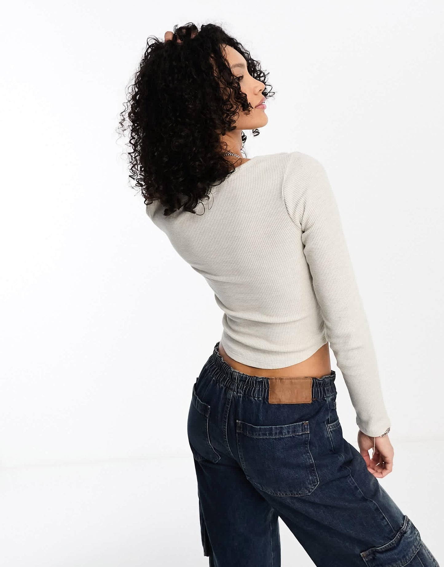 COLLUSION button rib long sleeve top in oatmeal marl