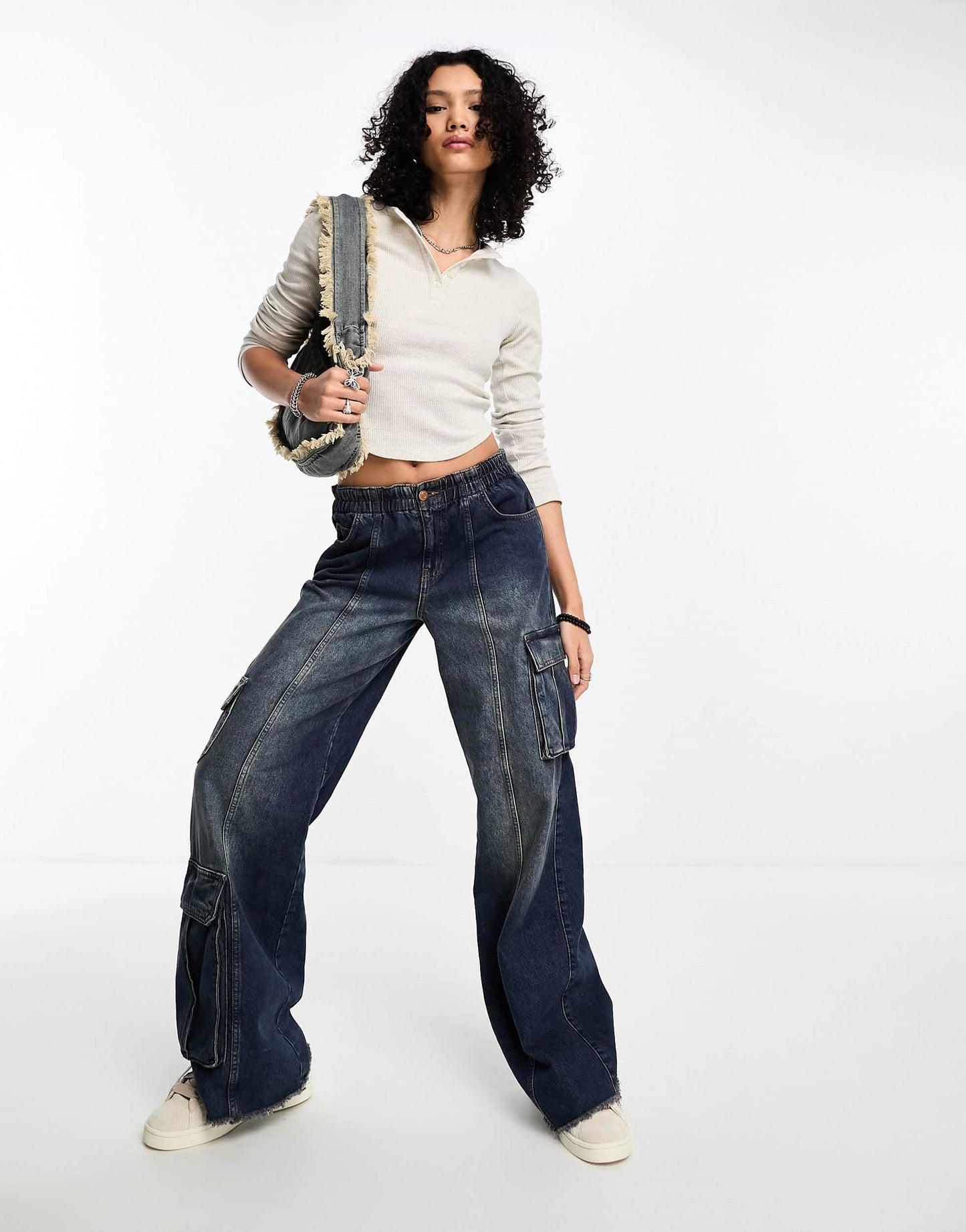 COLLUSION button rib long sleeve top in oatmeal marl