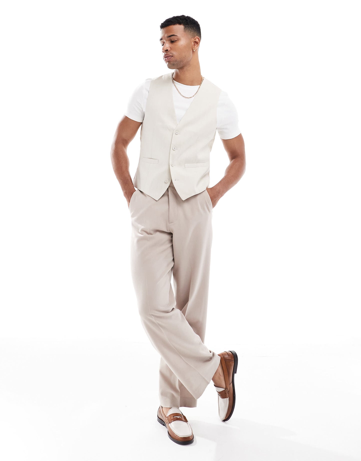 French Connection suit waistcoat in beige and white stripe