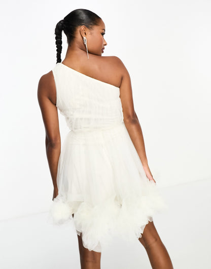 Lace & Beads Petite exclusive one shoulder ruffle hem tulle mini dress in ivory