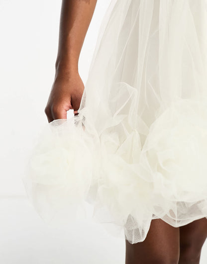 Lace & Beads Petite exclusive one shoulder ruffle hem tulle mini dress in ivory