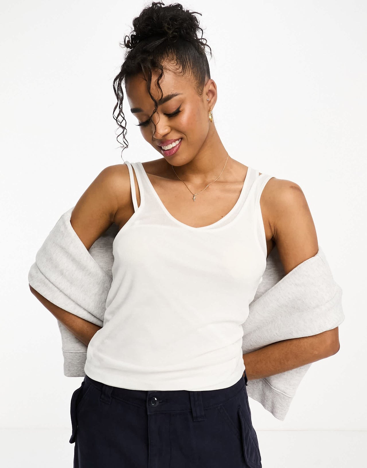 Pull&Bear layered vest with asymmetric strap detail in white