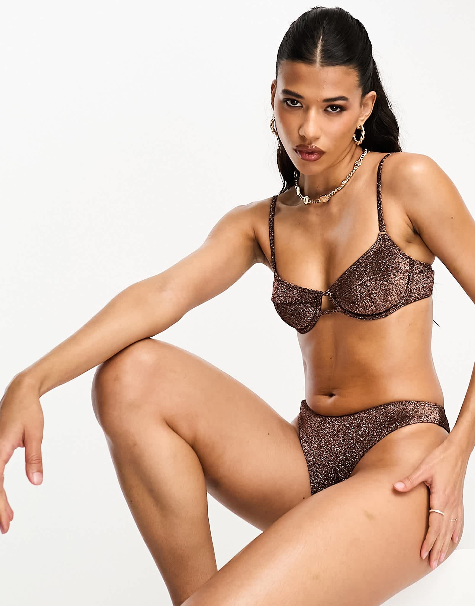 South Beach underwire bikini top in dark brown metallic