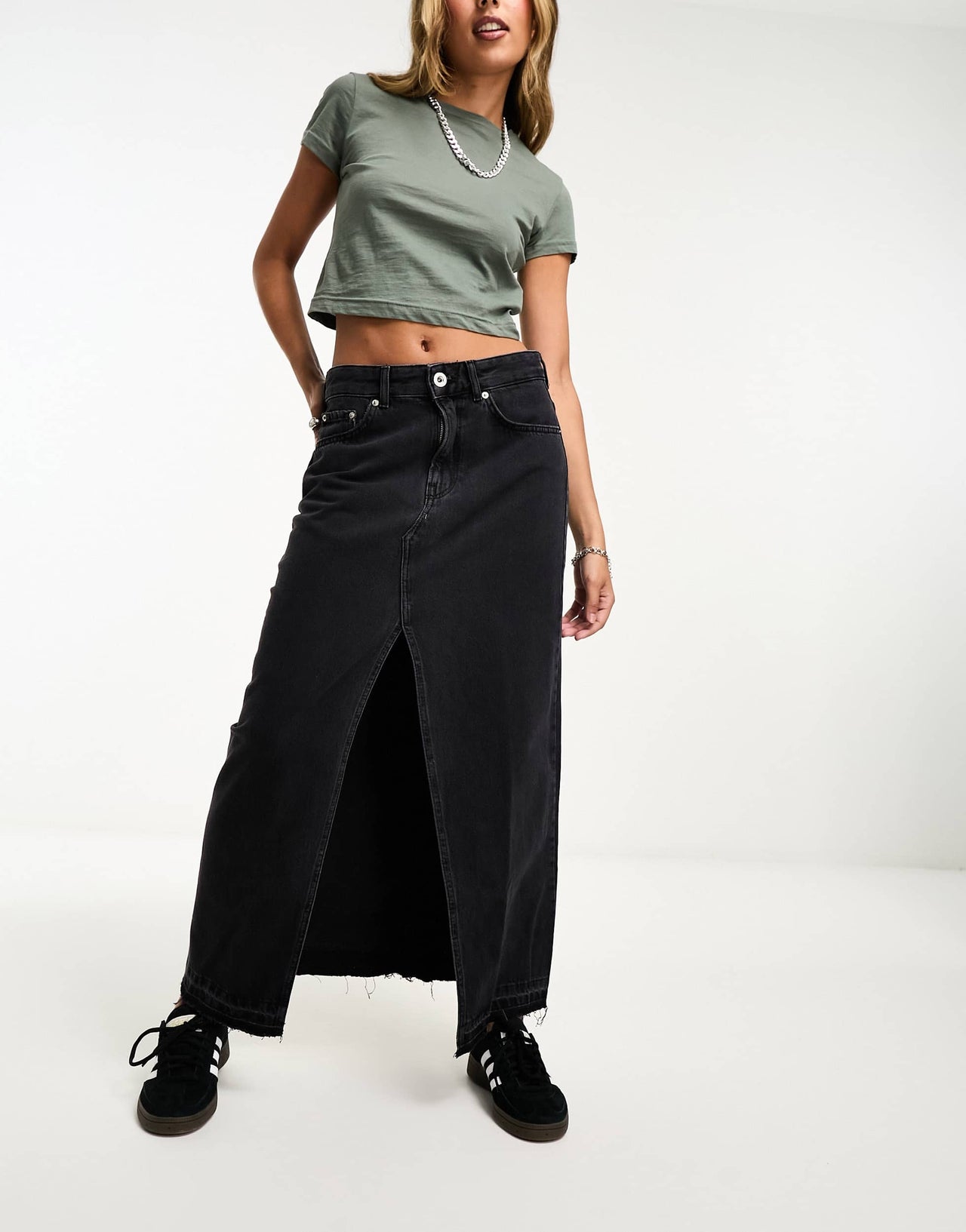 Pull&Bear denim midi skirt with split front in black