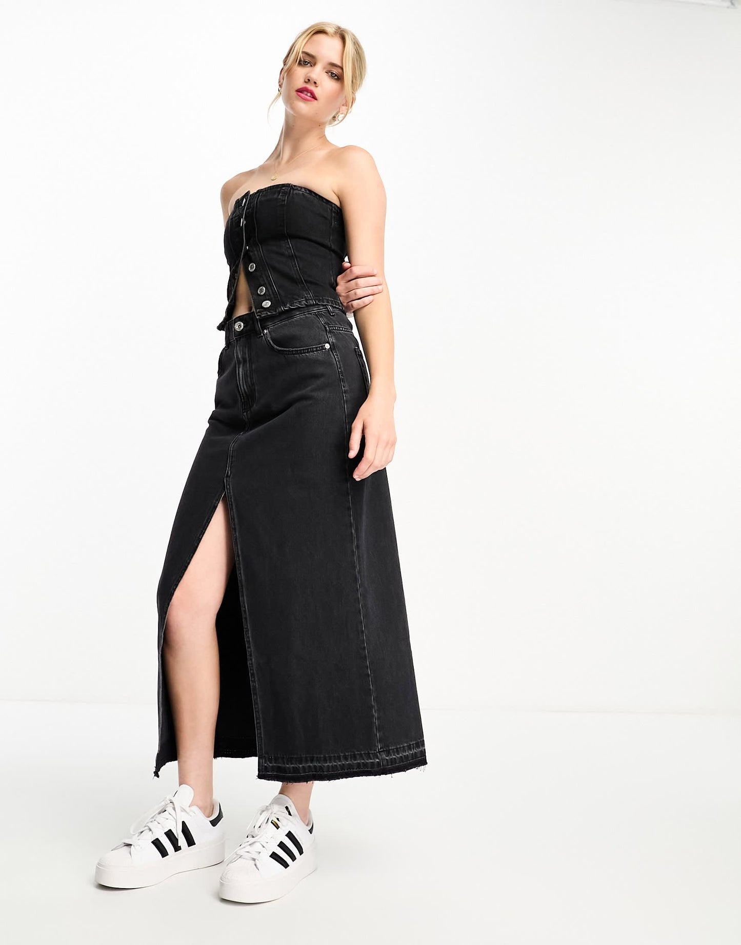 Pull&Bear denim midi skirt with split front in black