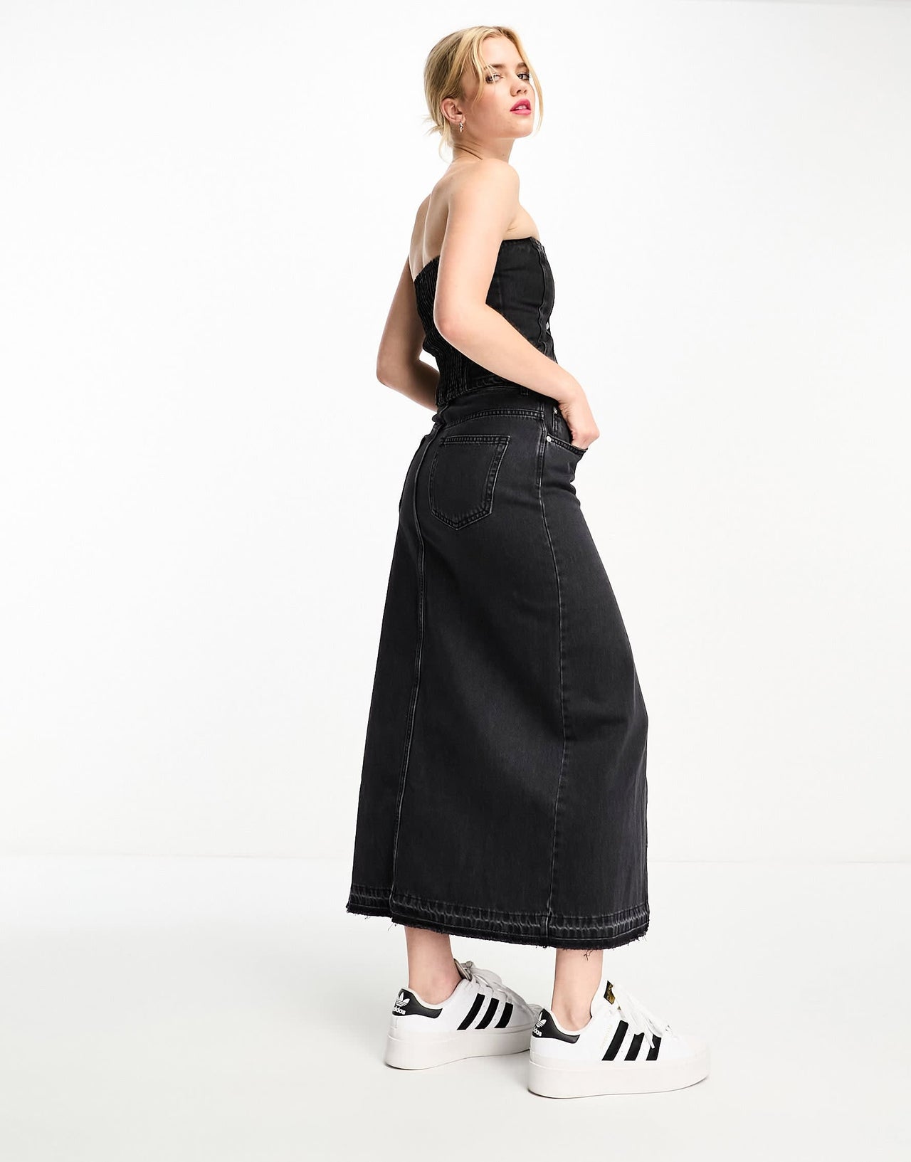 Pull&Bear denim midi skirt with split front in black