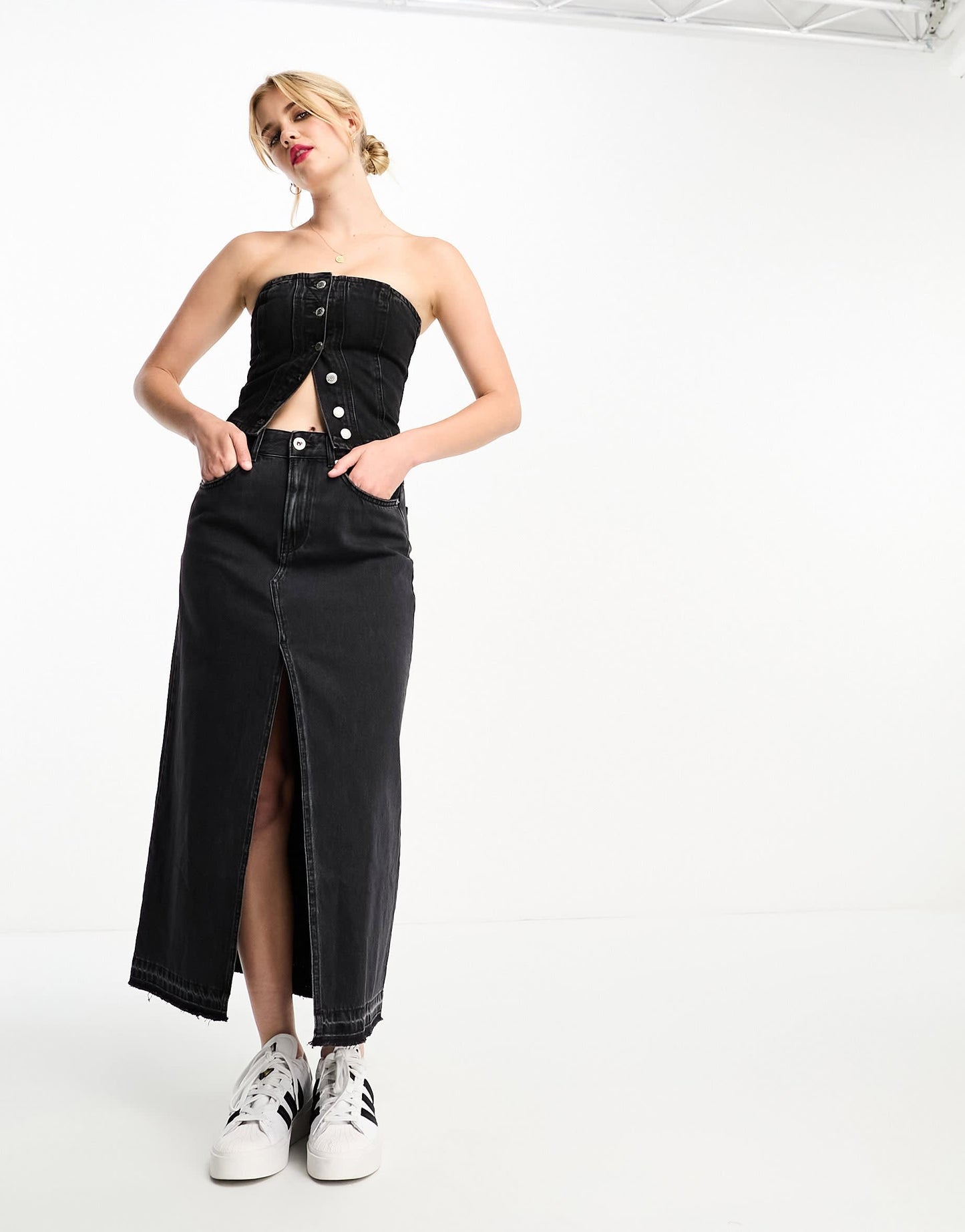 Pull&Bear denim midi skirt with split front in black