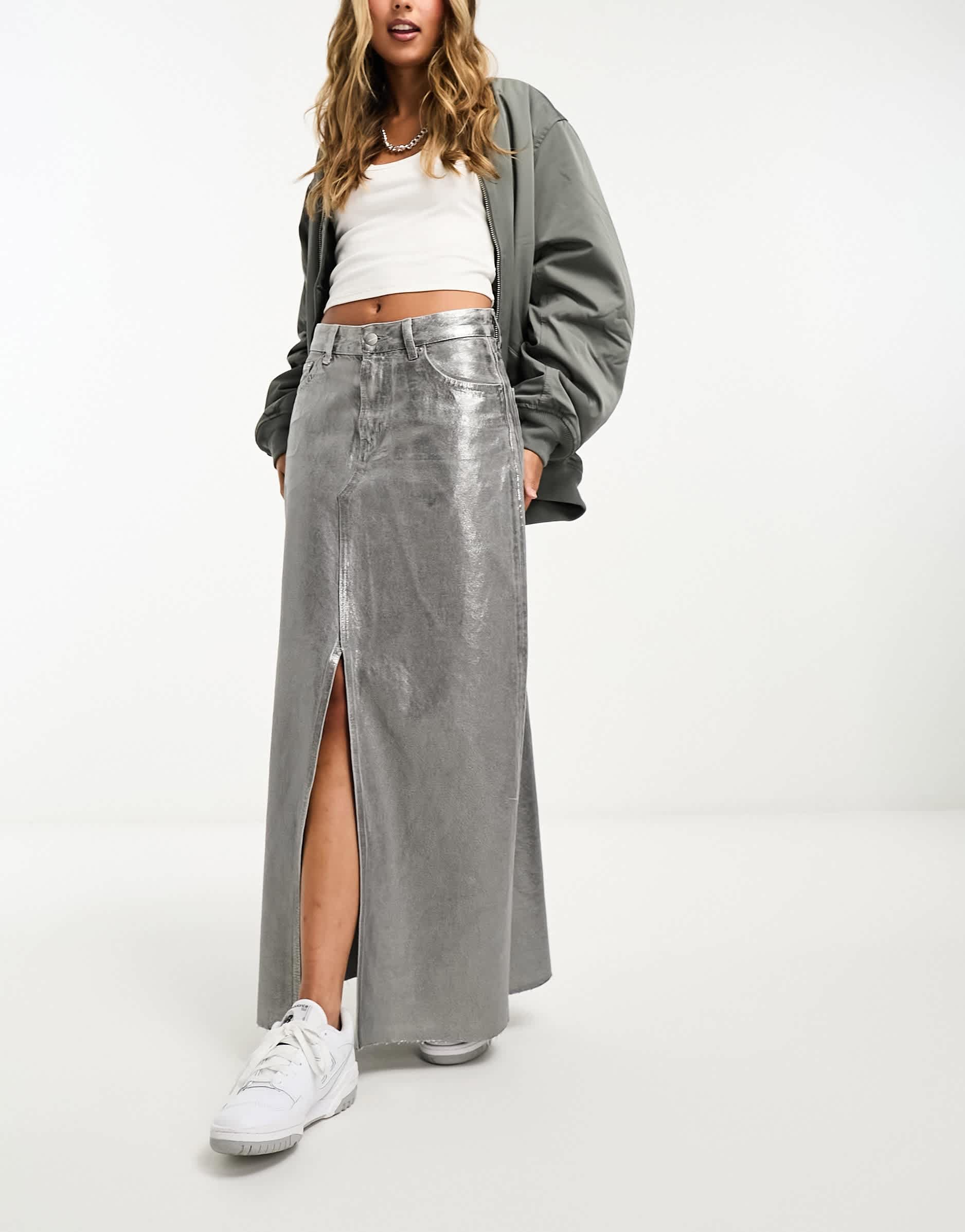 Pull&Bear metallic denim midi skirt with split front co-ord in silver