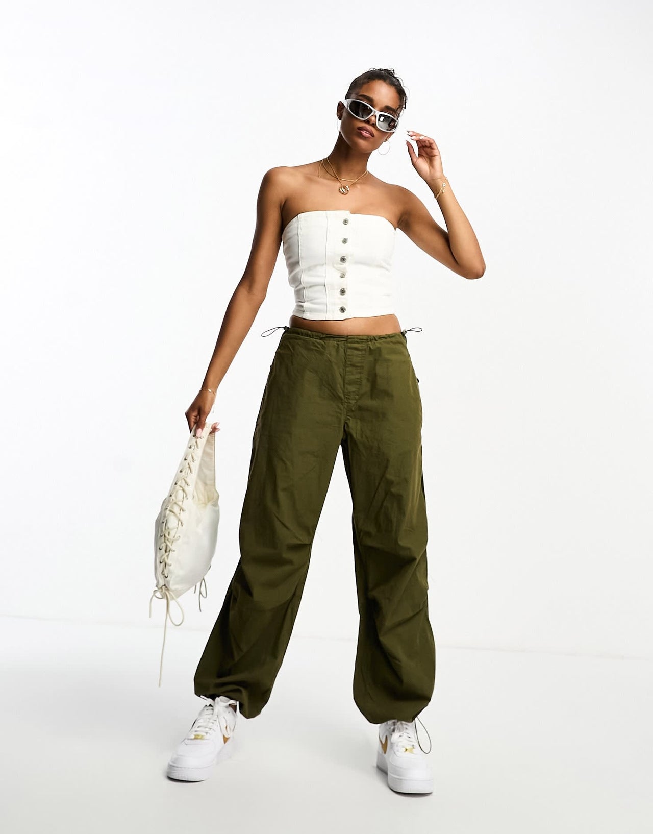 Pull&Bear bandeau denim corset co-ord in white