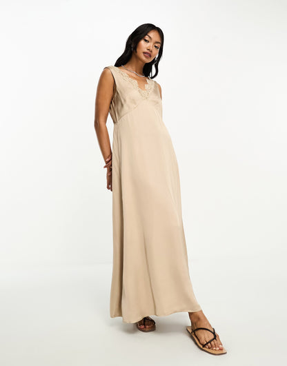 & Other Stories lace trim maxi slip dress in beige