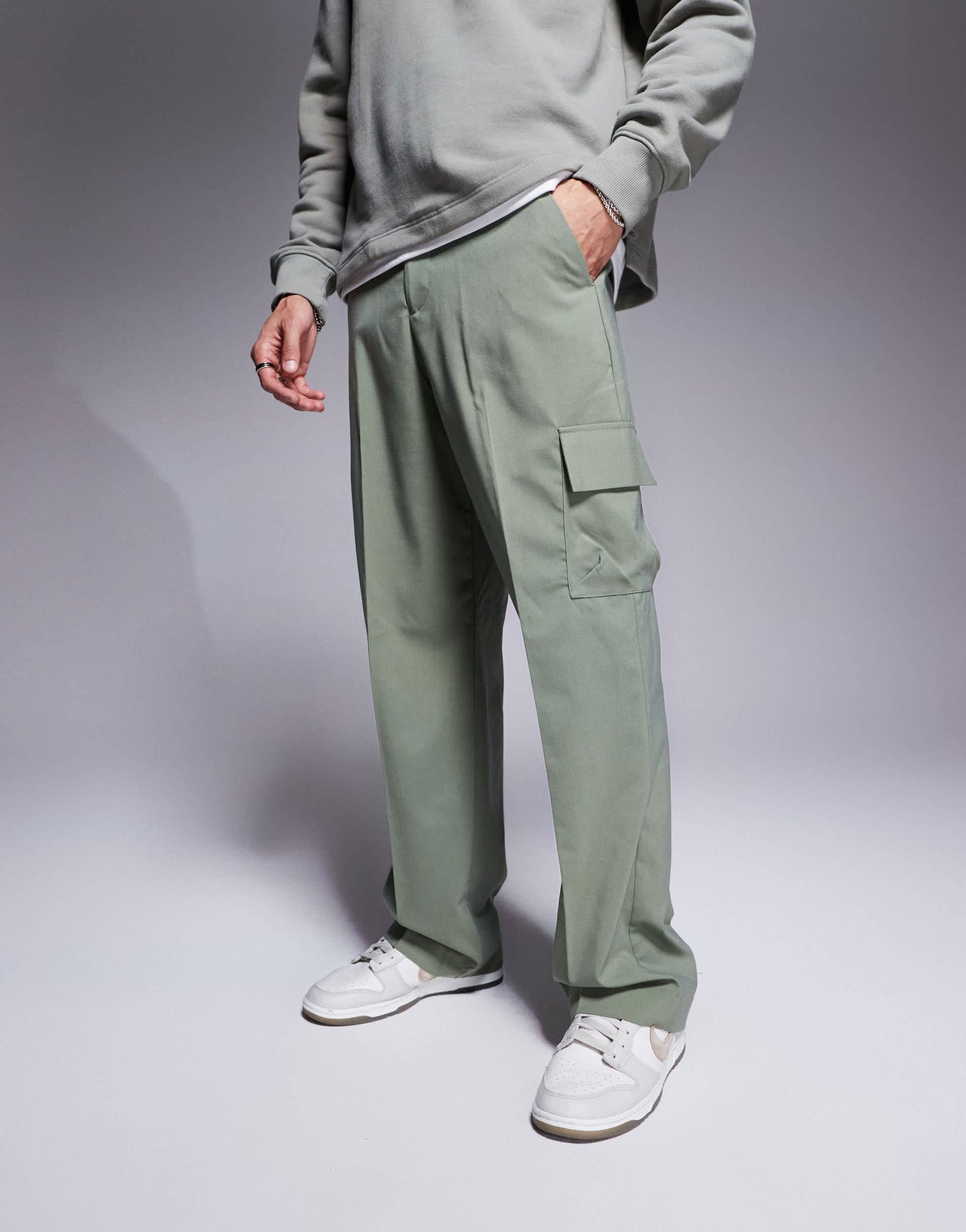 ASOS DESIGN wide leg smart trousers in green with cargo pockets