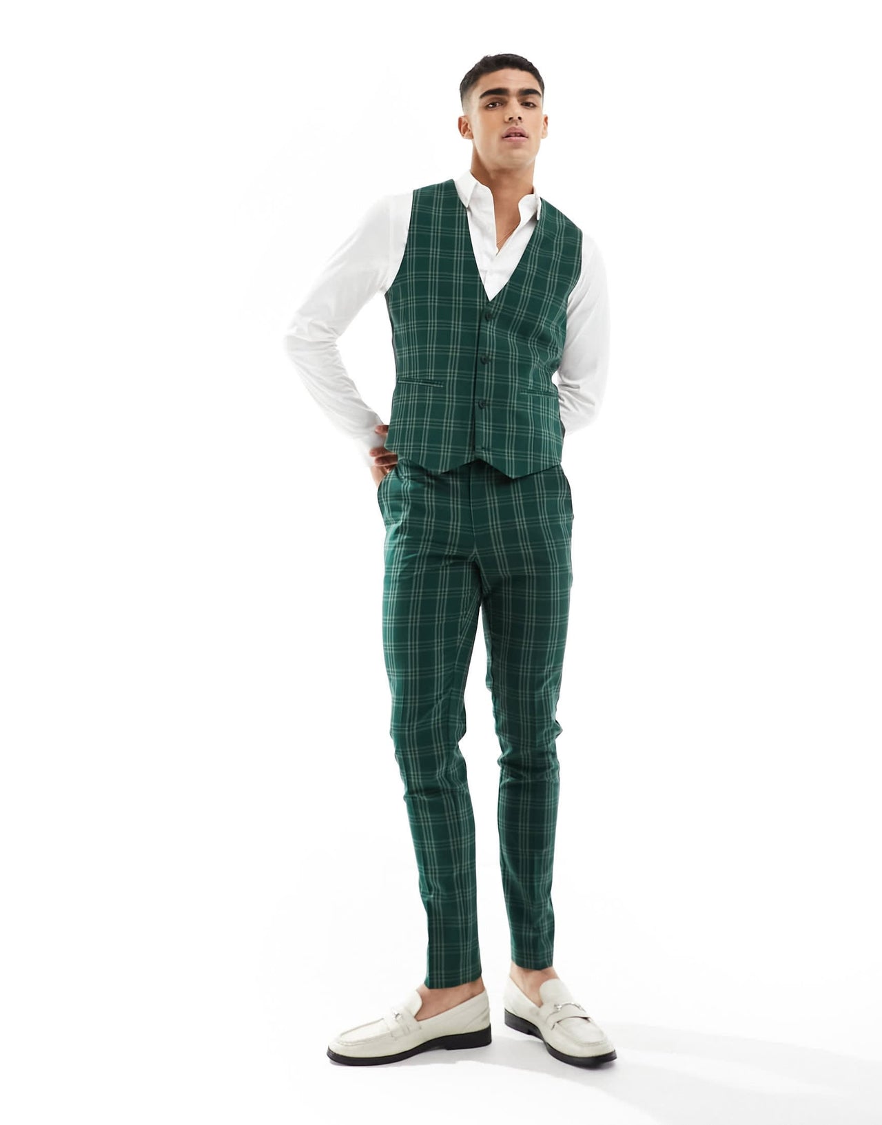 ASOS DESIGN skinny suit waistcoat in green tonal check