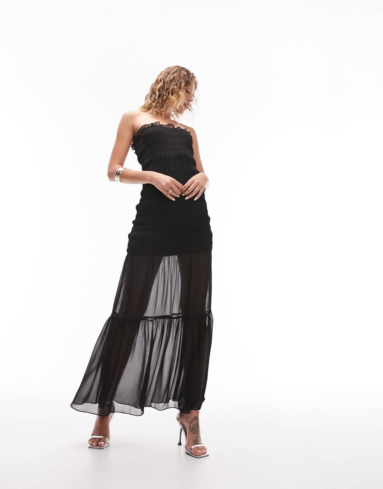 Topshop shirred bandeau maxi dress in black