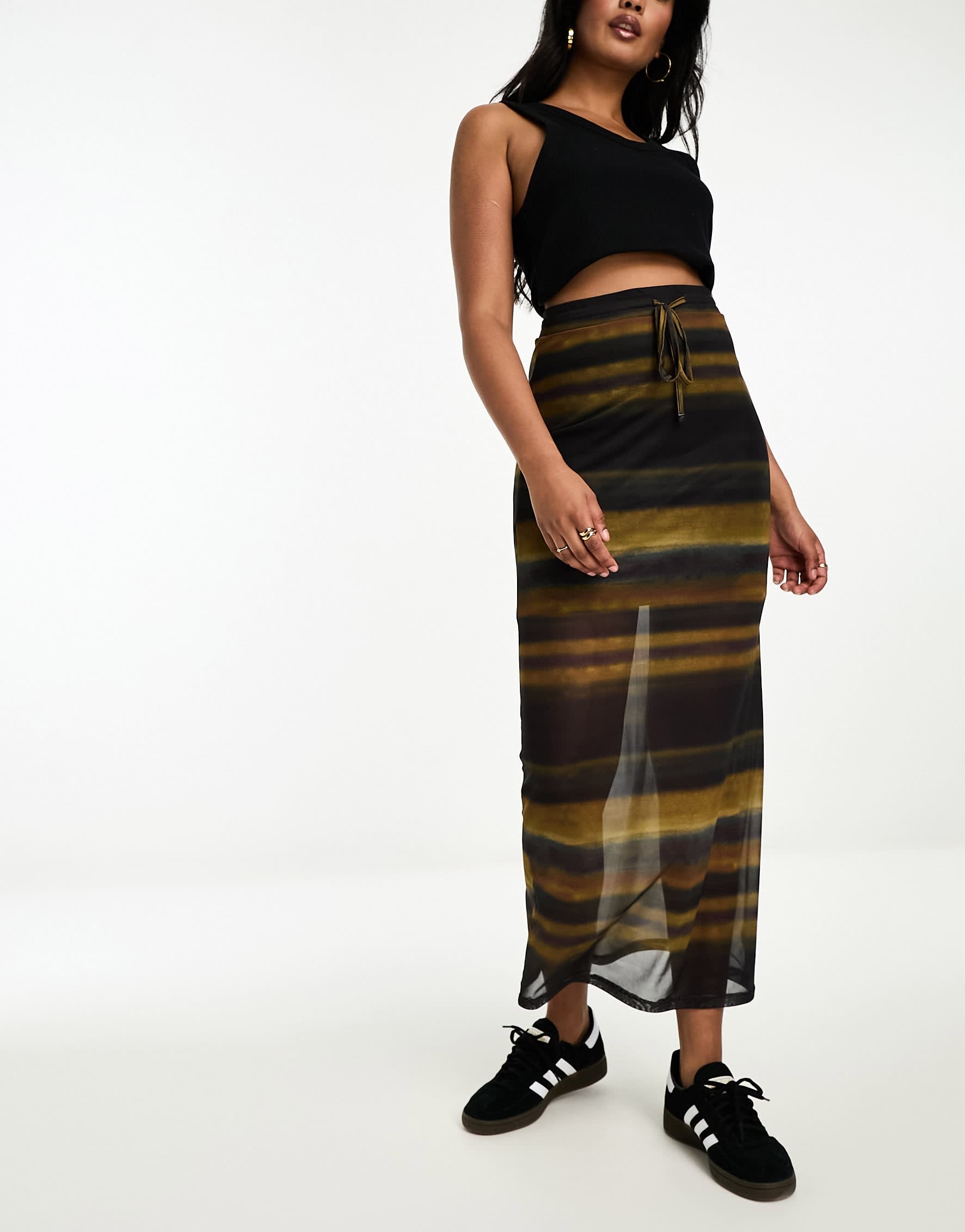 Vero Moda longline mesh maxi skirt in blurred stripes