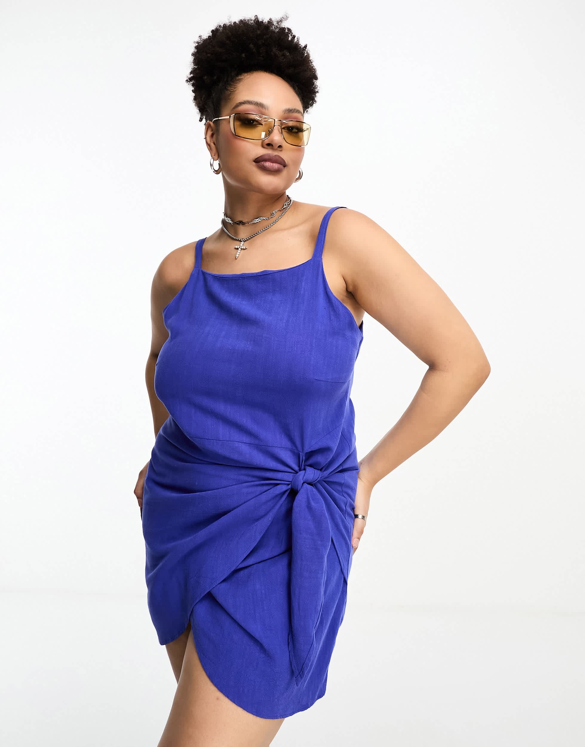 ONLY Curve linen blend wrap mini dress in royal blue