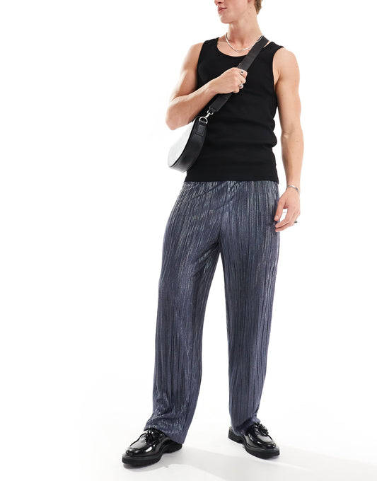 ASOS DESIGN smart tapered trouser in blue metallic plisse