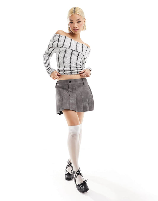 COLLUSION washed knitted bardot cropped jumper in white and black