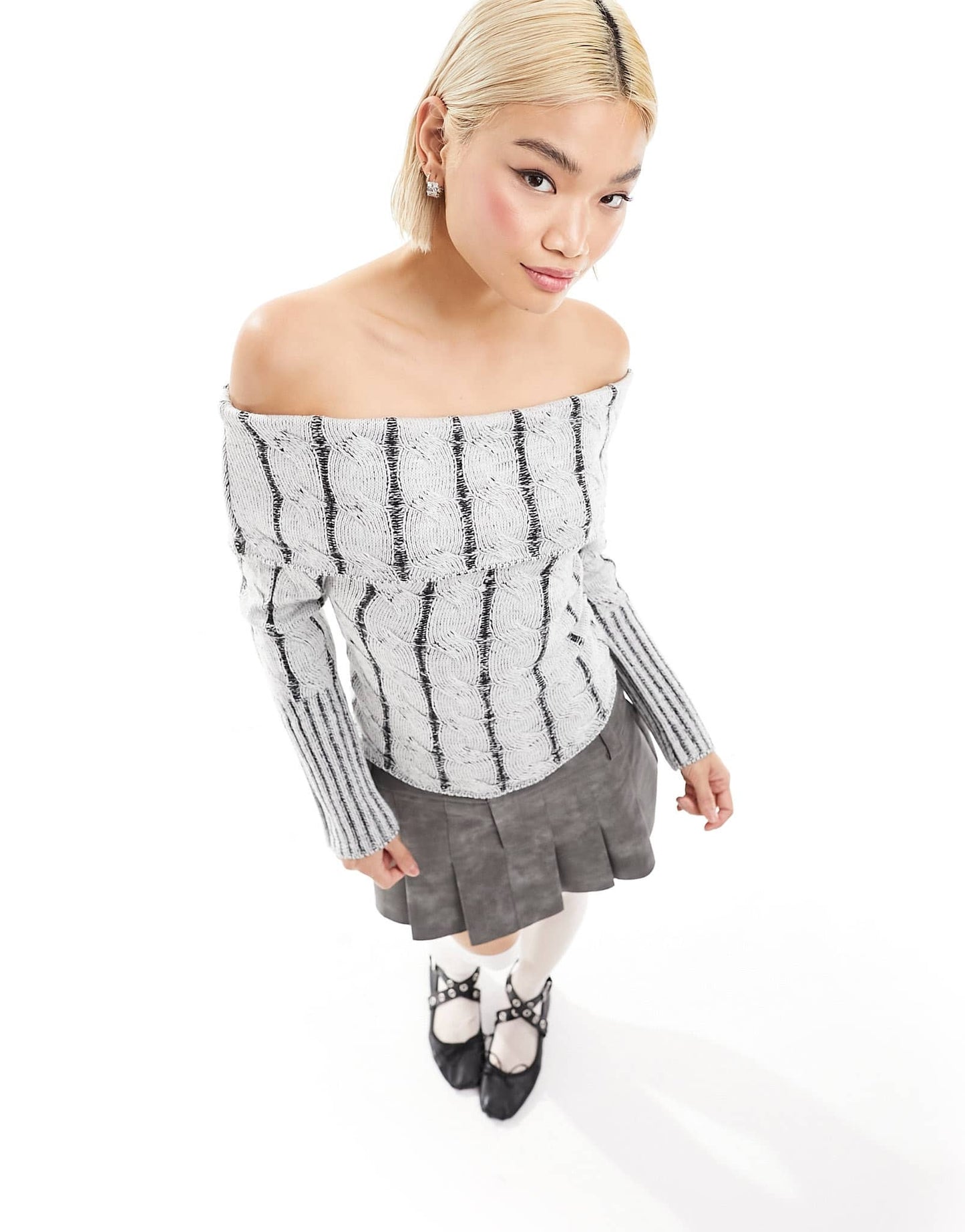 COLLUSION washed knitted bardot cropped jumper in white and black