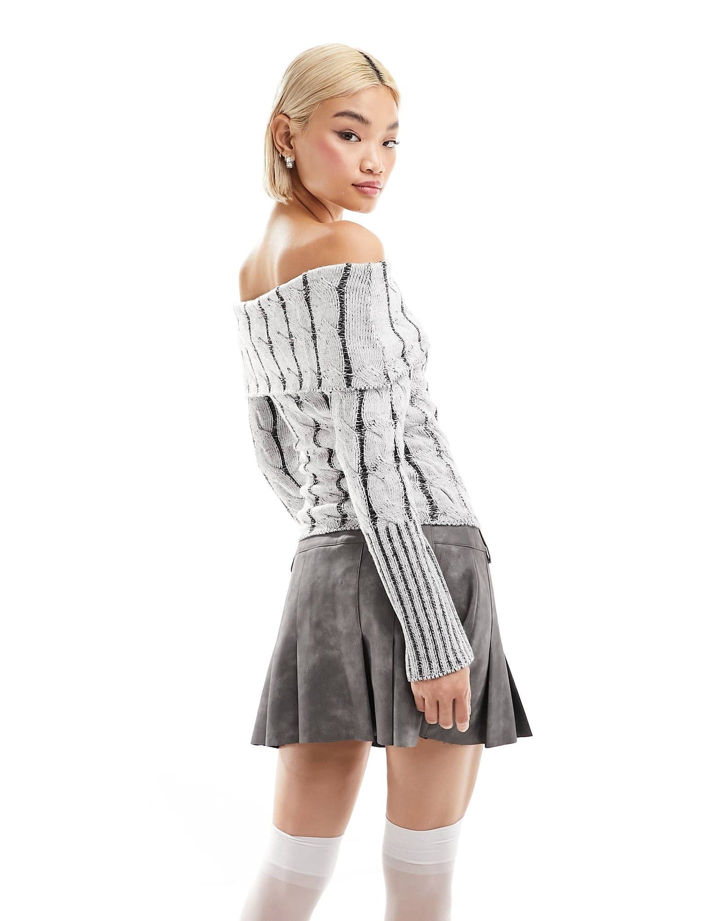 COLLUSION washed knitted bardot cropped jumper in white and black