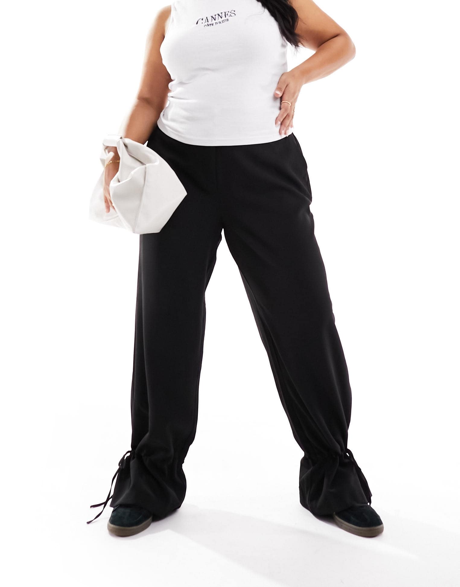 Pieces Curve wide leg tie detail trousers in black