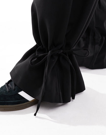 Pieces Curve wide leg tie detail trousers in black