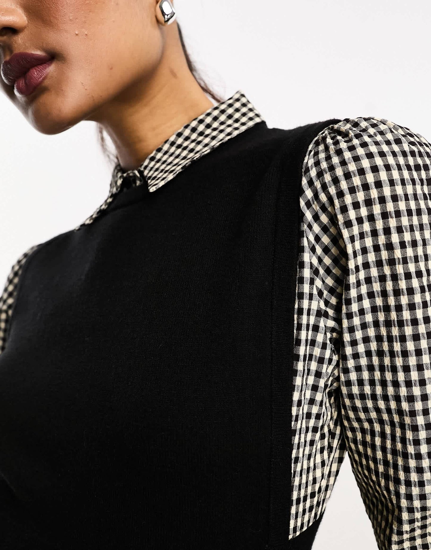 Y.A.S knitted mini dress with check sleeves in black