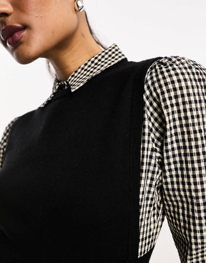 Y.A.S knitted mini dress with check sleeves in black