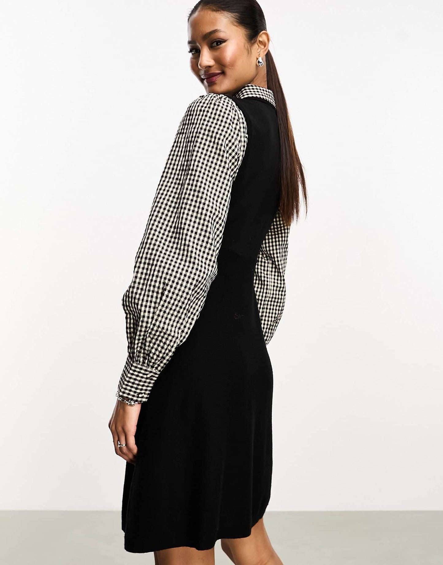 Y.A.S knitted mini dress with check sleeves in black