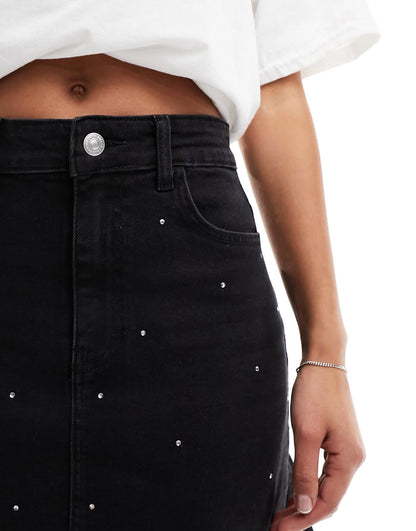 Pieces rhinestone denim mini skirt in black