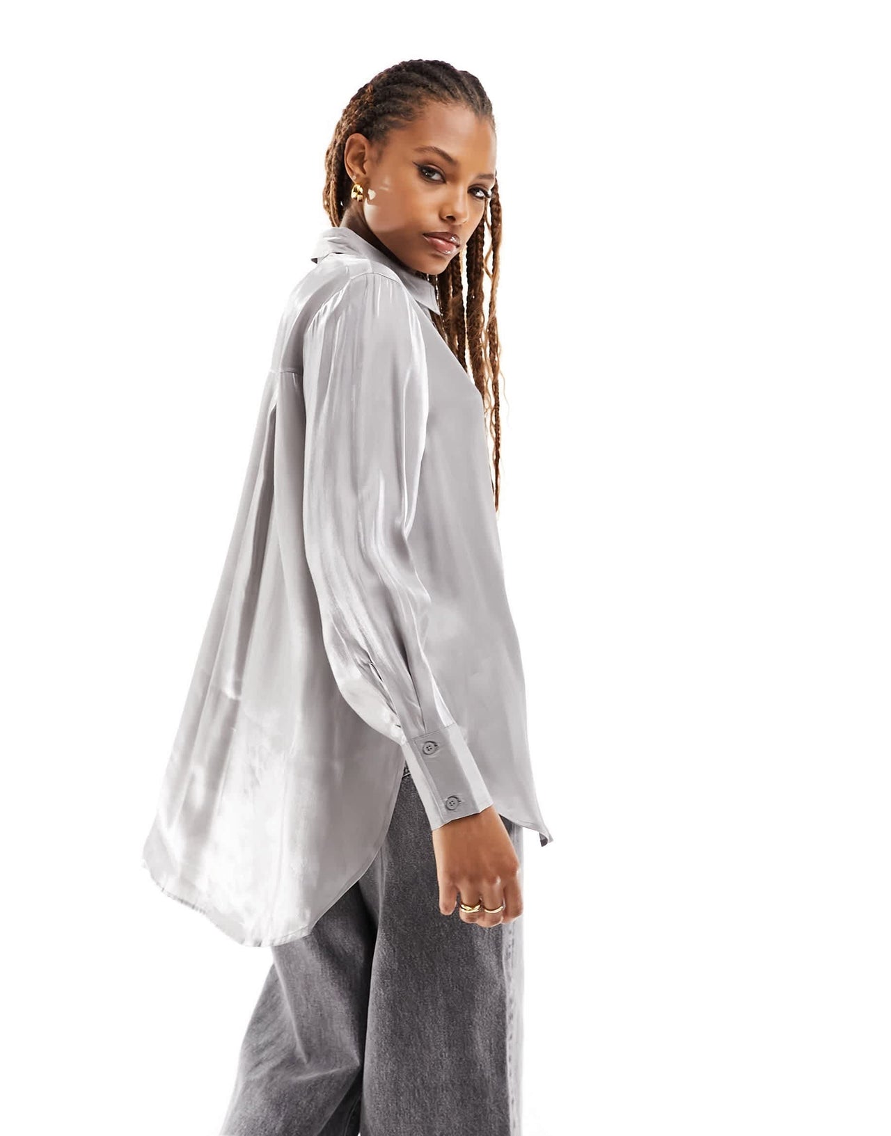 Pieces longline shirt with pocket detail in silver