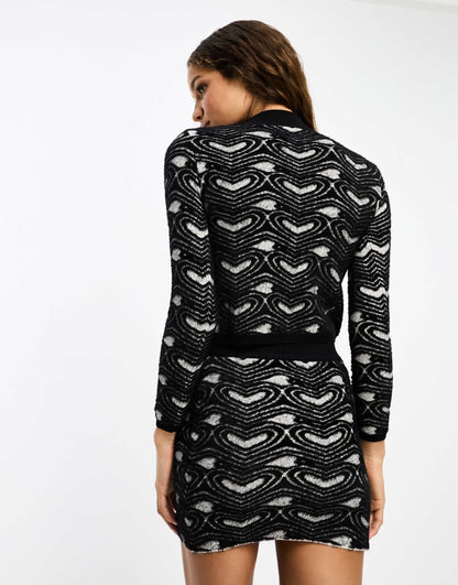 Gianni Feraud heart print kntted mini skirt co ord in black and white