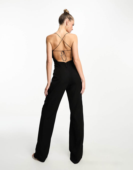 Vesper bengaline square neck open tie back jumpsuit in black