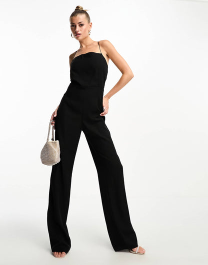 Vesper bengaline square neck open tie back jumpsuit in black