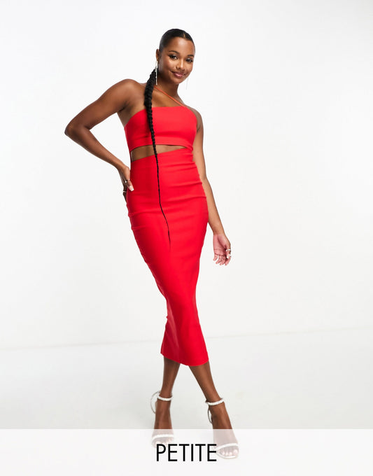 Vesper Petite bengaline asymmetric halterneck midi cut out dress in red