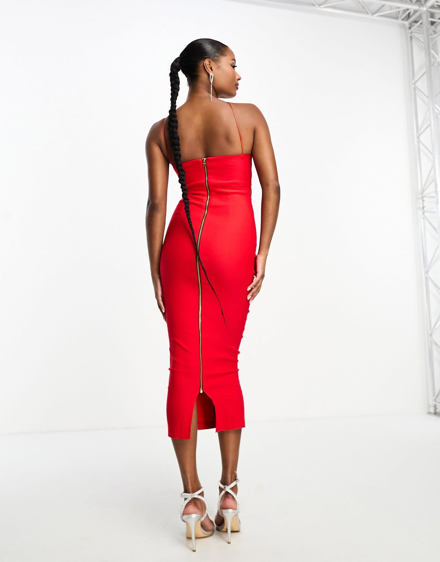 Vesper Petite bengaline asymmetric halterneck midi cut out dress in red